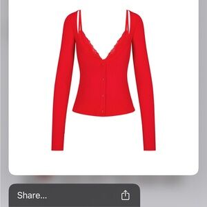 SKIMS red button up shirt with lace bralette